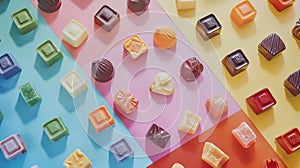 Generative AI Mixed collection of colorful candy on colored background Flat lay top view frame of colorful chocola