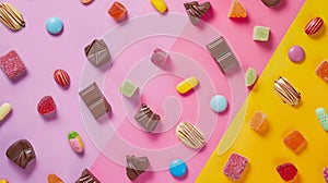 Generative AI Mixed collection of colorful candy on colored background Flat lay top view frame of colorful chocola