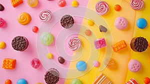 Generative AI Mixed collection of colorful candy on colored background Flat lay top view frame of colorful chocola