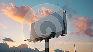 Generative AI Mock up  blank wide white billboard against warm sunset sky with clouds Consumerism white screen tem