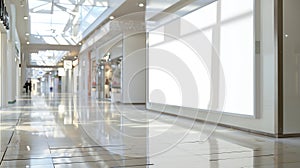 Generative AI Mock up Horizontal white empty signage on store shop front inside shopping mall business concept.