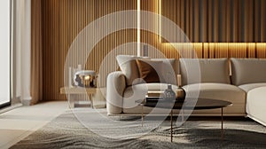 Generative AI Mock up modern style living room interior design and decoration with beige color sofa wooden wall an