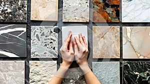 Generative AI Mock up from natural stones top view close up Female hands advertises repair materials Floor tiles t photo