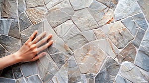 Generative AI Mock up from natural stones top view close up Female hands advertises repair materials Floor tiles t photo