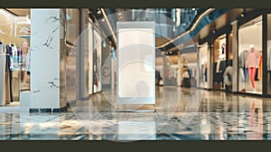 Generative AI Mockup blank vertical advertising billboard at front of man clothing shop in shopping mall empty spa