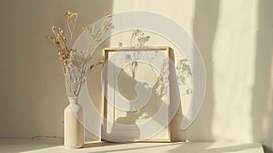 Generative AI Mockup with a  frame and dry flowers in a vase on a white table close up business concept.