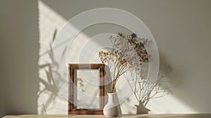 Generative AI Mockup with a  frame and dry flowers in a vase on a white table close up business concept.