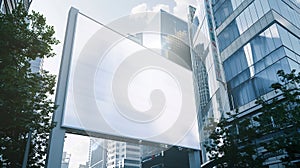 Generative AI Mockup of a huge blank advert billboard in urban settings above the street an empty vertical street