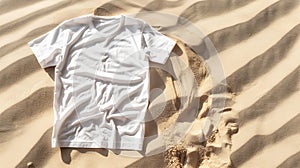 Generative AI Mockup white not wrinkled summer tshirt shopper copy space Sand beach texture background Blank templ