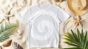 Generative AI Mockup white not wrinkled summer tshirt shopper copy space Sand beach texture background Blank templ