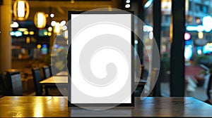 Generative AI mockup white poster with black frame stand in front of blur restaurant cafe background for show or p