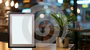 Generative AI mockup white poster with black frame stand in front of blur restaurant cafe background for show or p
