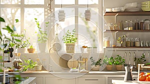 Generative AI Modern and cozy kitchen interior with shelfs accessories and plants Bright and sunny space business