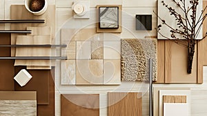 Generative AI Modern flat lay composition in brown and beige color palette with textile and paint samples lamella photo