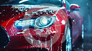 Generative AI Modern Red Performance Vehicle with LED Headlights is Being Cleaned at a Dealership Car Wash Close U