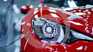 Generative AI Modern Red Performance Vehicle with LED Headlights is Being Cleaned at a Dealership Car Wash Close U
