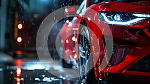 Generative AI Modern Red Performance Vehicle with LED Headlights is Being Cleaned at a Dealership Car Wash Close U