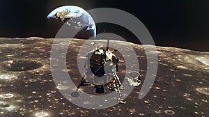 Generative AI Moon surface with space craft Planet Earth on the background Apollo space program Elements of this i