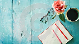 Generative AI Morning coffee cup clean notebook pencil eyeglasses and vintage rose flower in vase on blue rustic d
