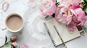 Generative AI Morning coffee mug for breakfast empty notebook pencil and pink peony flowers on white stone table t