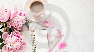 Generative AI Morning coffee mug for breakfast empty notebook pencil and pink peony flowers on white stone table t