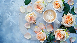 Generative AI Morning Cup of coffee and a beautiful roses flowers on light background top view Cozy Breakfast Flat