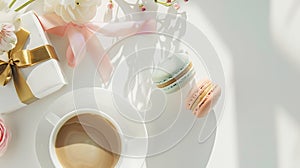 Generative AI Morning cup of coffee cake macaron gift or present box and flower on light table from above Beautifu