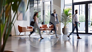 Generative AI motion blur of business partners walking in lounge of contemporary coworking environment with high t