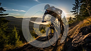 Generative AI. Mountain Biker Descending a Trail at Sunset in a Forested Landscape