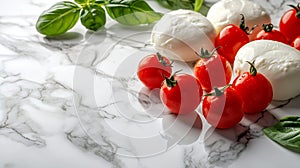 Generative AI Mozzarella cheese with cherry tomatoes and basil Marble background Copy space business concept.