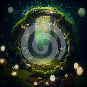 Generative AI, Mystical Forest: Enchanted Bokeh Border for Fantasy Designs photo