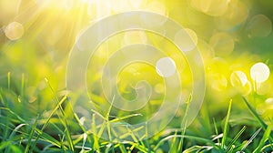 Generative AI natural grass field background with blurred bokeh and sun rays business concept.