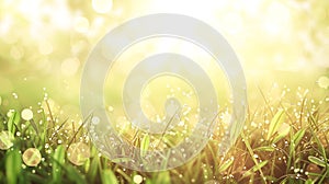 Generative AI natural grass field background with blurred bokeh and sun rays business concept.