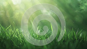 Generative AI natural grass field background with blurred bokeh and sun rays business concept.
