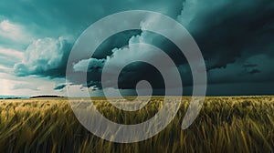 Generative AI Natural rural summer panoramic landscape Wheat field against stormy sky with dark clouds Nature befo photo