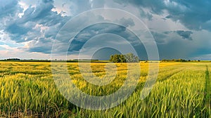 Generative AI Natural rural summer panoramic landscape Wheat field against stormy sky with dark clouds Nature befo photo