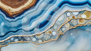 Generative AI, natural volcanic agate stones close-up light blue, beige and golden texture.