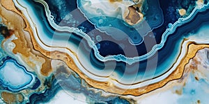 Generative AI, natural volcanic agate stones close-up light blue, beige and golden texture.