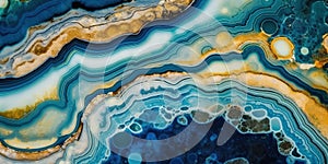 Generative AI, natural volcanic agate stones close-up light blue, beige and golden texture.