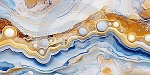 Generative AI, natural volcanic agate stones close-up light blue, beige and golden texture.