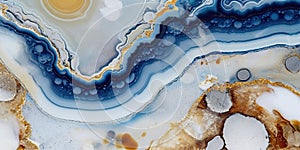 Generative AI, natural volcanic agate stones close-up light blue, beige and golden texture.