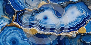 Generative AI, natural volcanic agate stones close-up light blue, beige and golden texture.
