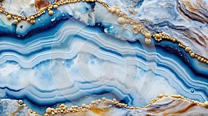 Generative AI, natural volcanic agate stones close-up light blue, beige and golden texture.