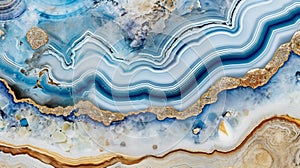 Generative AI, natural volcanic agate stones close-up light blue, beige and golden texture.