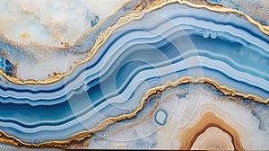 Generative AI, natural volcanic agate stones close-up light blue, beige and golden texture.