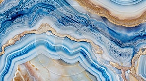 Generative AI, natural volcanic agate stones close-up light blue, beige and golden texture.