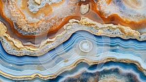 Generative AI, natural volcanic agate stones close-up light blue, beige and golden texture.