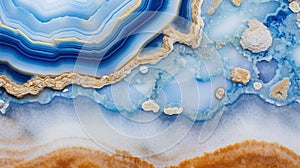 Generative AI, natural volcanic agate stones close-up light blue, beige and golden texture.