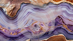 Generative AI, natural volcanic agate stones close-up light digital lavender and golden texture.