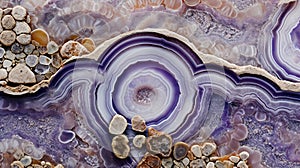 Generative AI, natural volcanic agate stones close-up light digital lavender and golden texture.